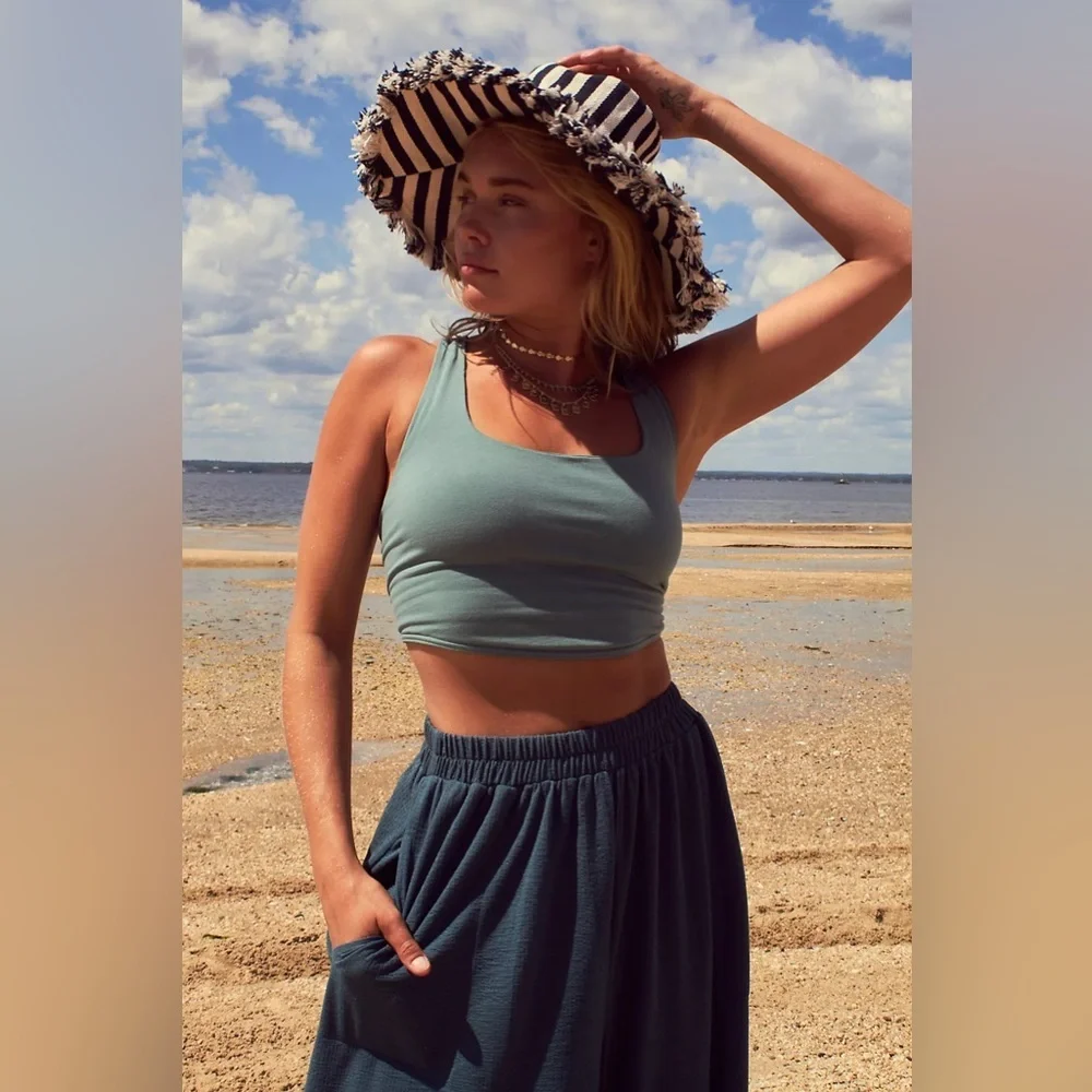 Free People Beach Talk to me Co-ord Green Wide Leg Gauze Pants Elastic Waist
